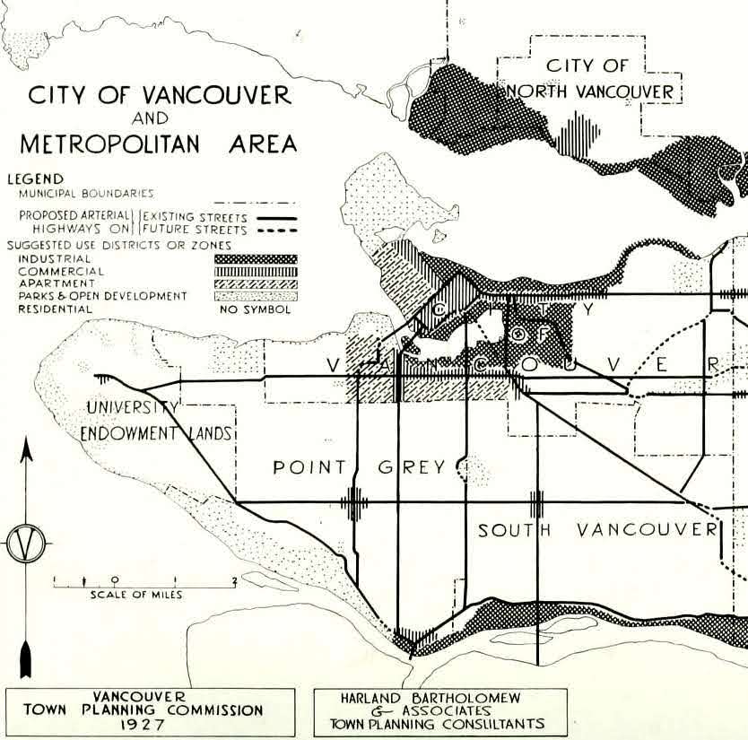 A map found in A Plan for the City of Vancouver showing the distribution of zoning in 1927